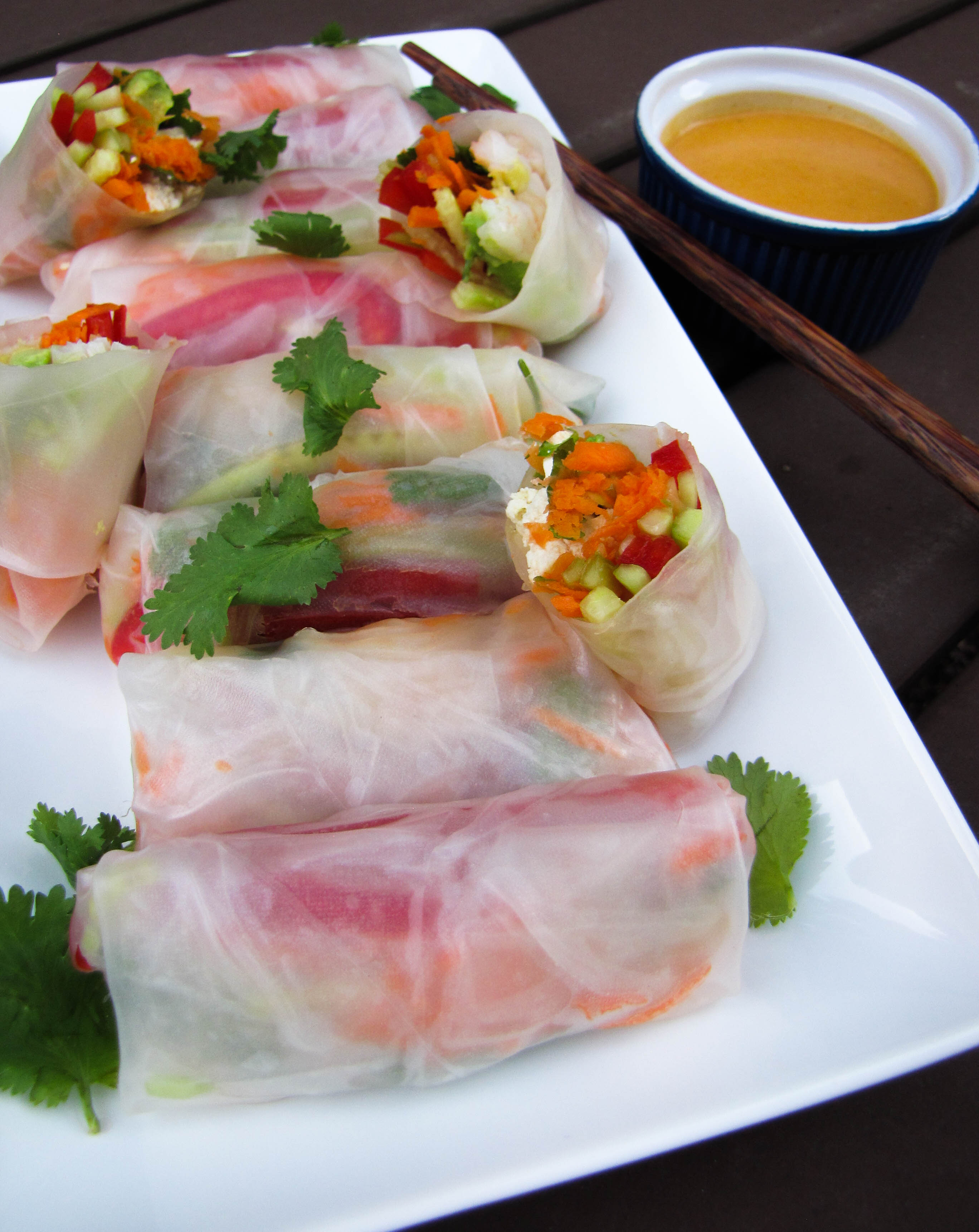 Summer Rolls with Red Curry-Peanut-Pumpkin Dipping Sauce | CaliGirl Cooking