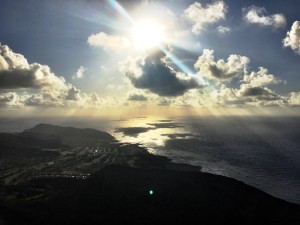 View of the eastside of Oahu from the top of Koko Head, approximately 7:00 AM.